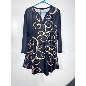 Lily By Firmiana Tunic Top Plus Size 1X Blouse Black Gold Swirl Flowy 3/4 Sleeve